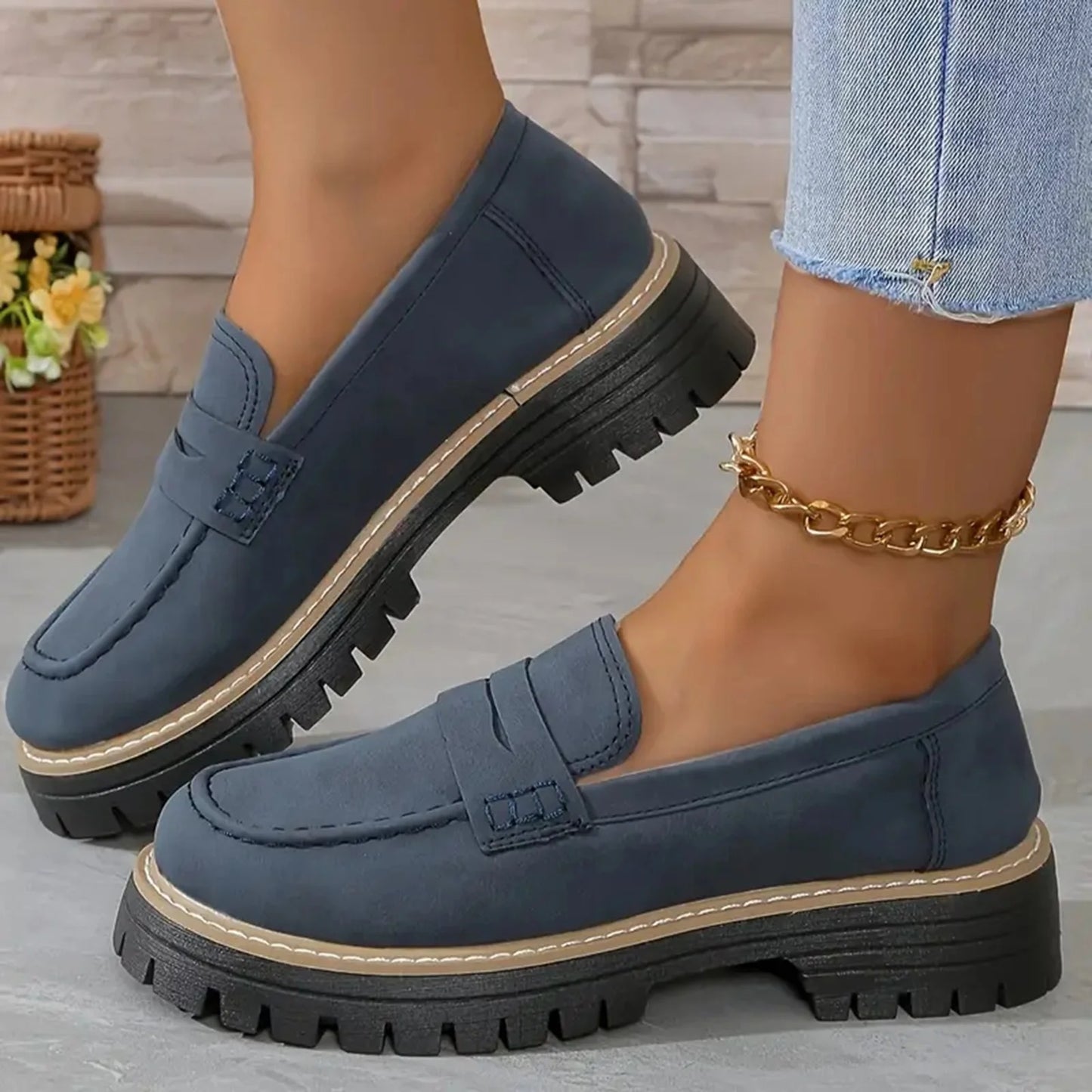 COLEMAN-Women Chunky Penny Loafers Slip-ons Business Orthopedic Casual Shoes(Blue,7.5)