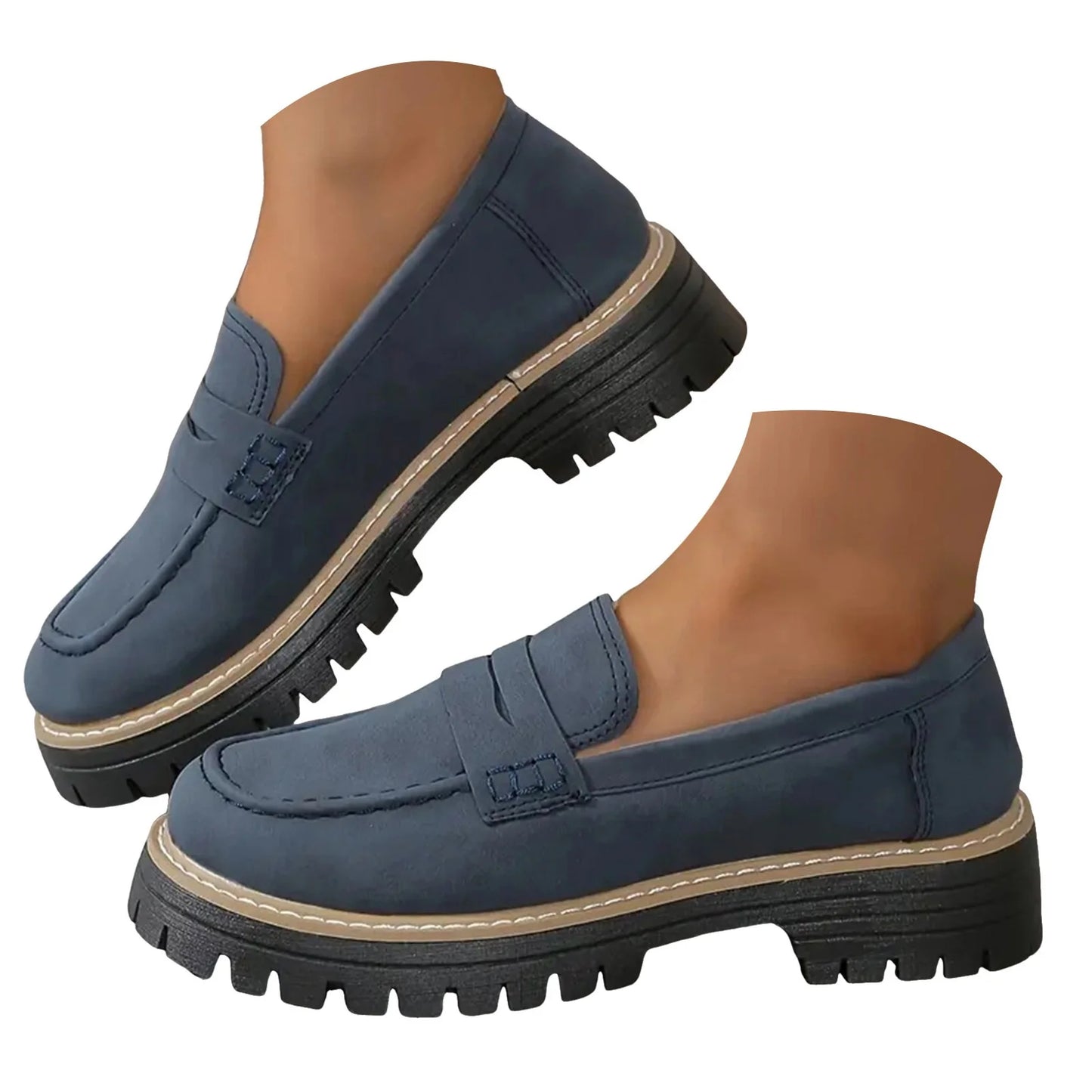 COLEMAN-Women Chunky Penny Loafers Slip-ons Business Orthopedic Casual Shoes(Blue,7.5)